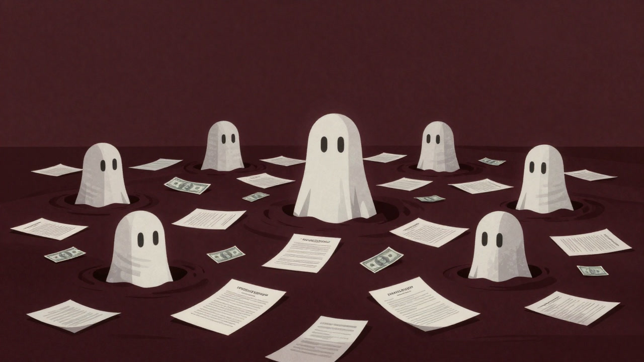Illustration of multiple people buried in money and documents, floating like ghosts, having lost any sense of ownership.