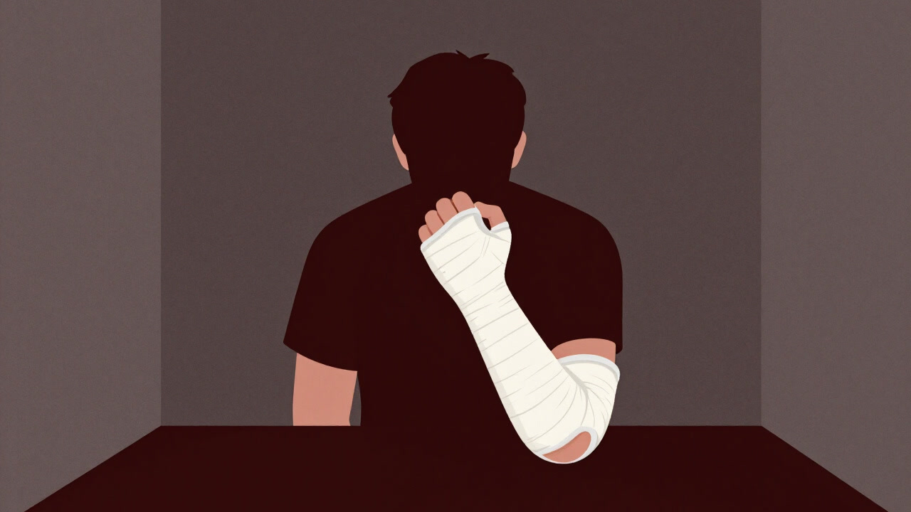 腕にギプスをはめられた人物が不安そうに手を握りしめるイラスト