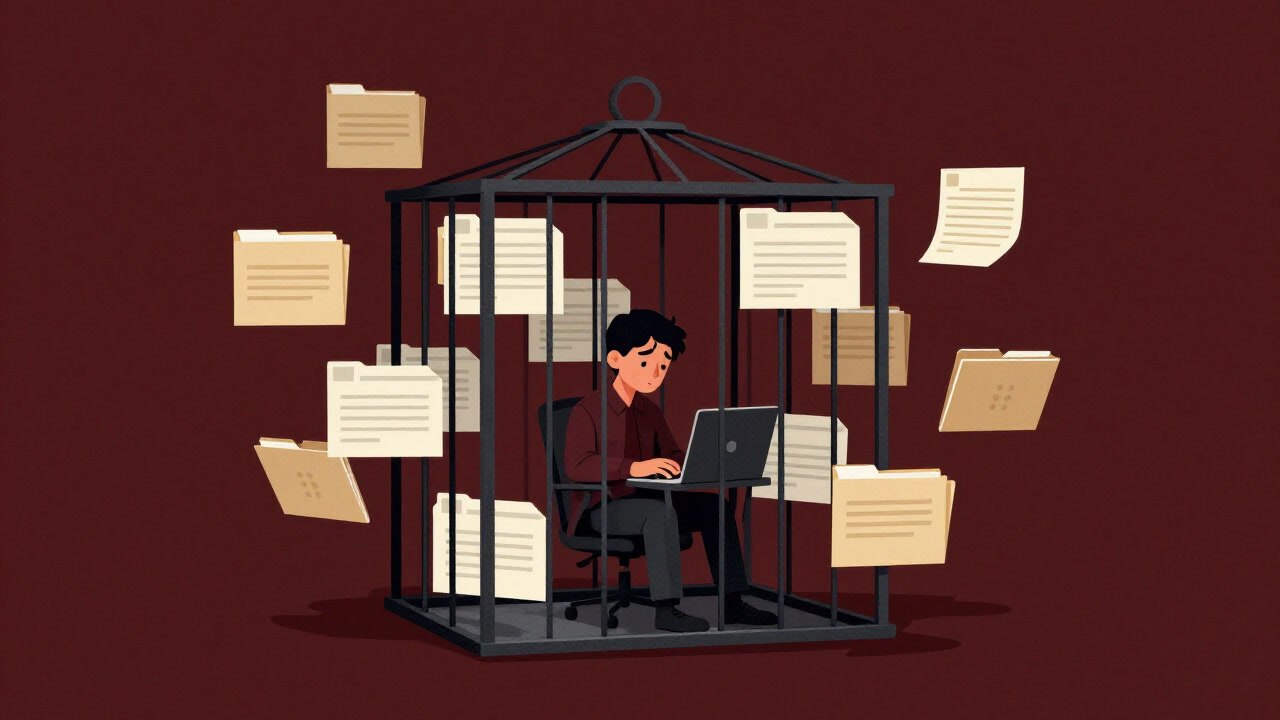 A giant cage made of countless folders and config files surrounding a developer