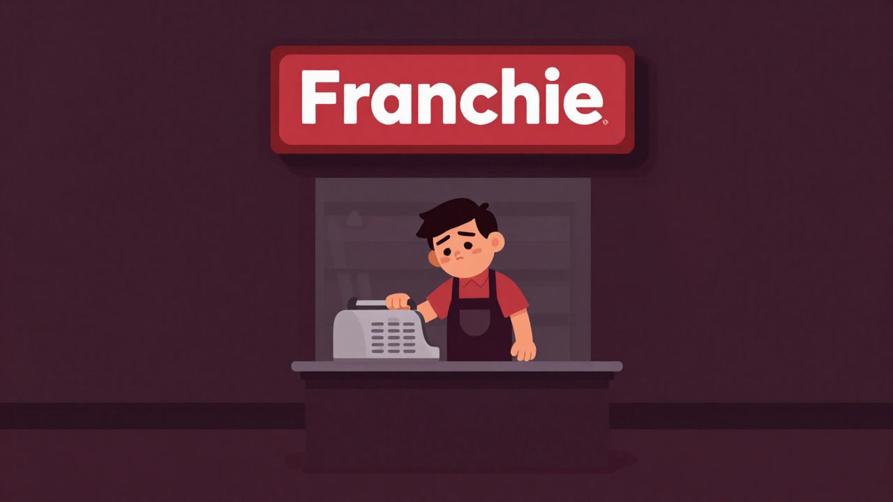 Illustration of a weary franchise owner closing the register with downcast eyes under a prominently displayed brand logo.