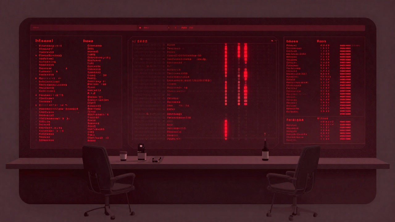 A bank surveillance room screen lined with suspicious transactions