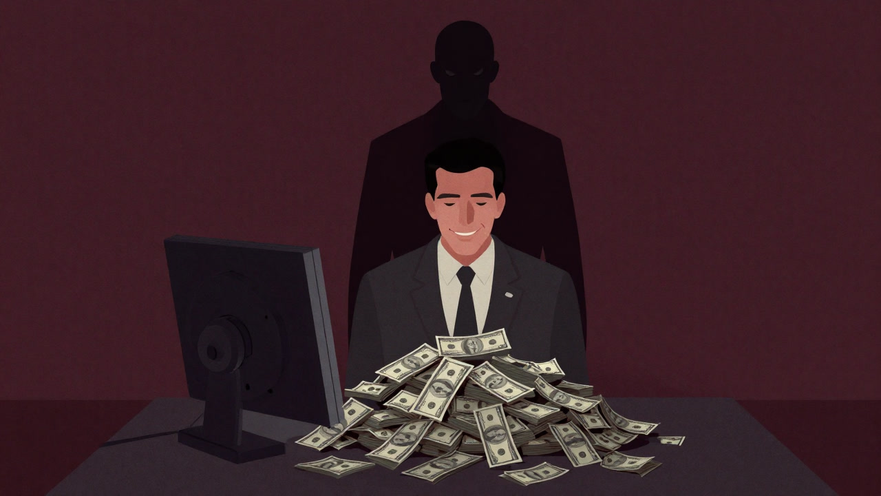 An image of a businessman grinning in front of a vault stuffed with money, contrasted with a lurking dark shadow in the background.