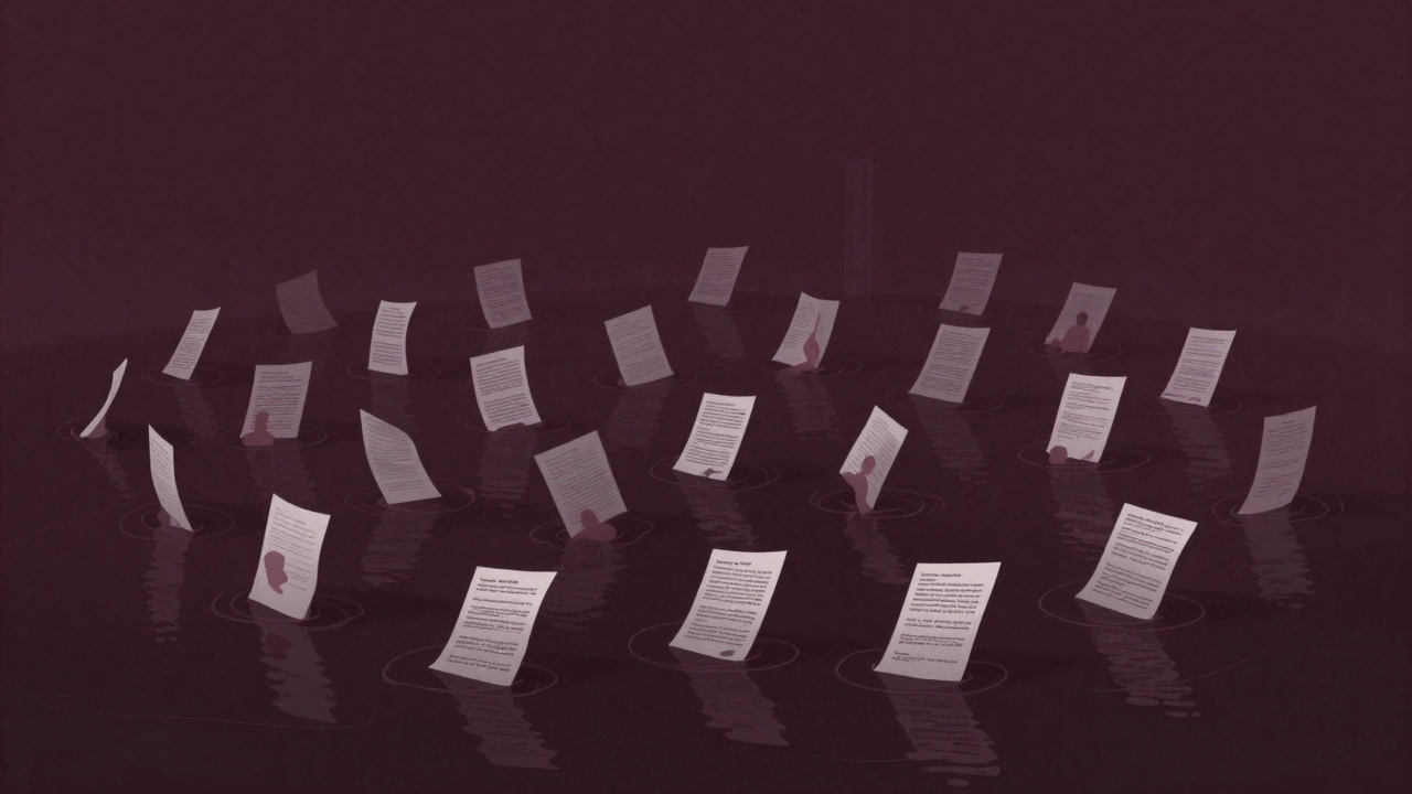 法的条文が延々と螺旋を描く書類の海に漂う小さな人間のシルエット