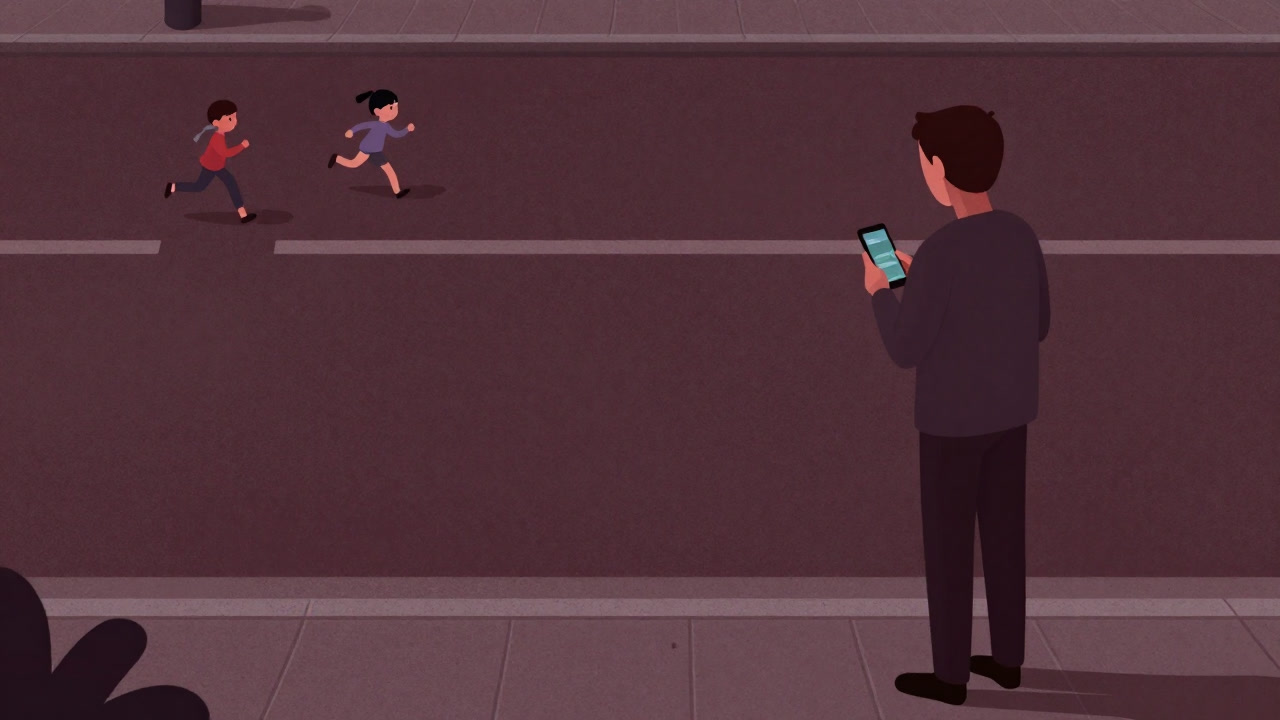 誰もいない通りでスマホを見ながら子どもを見守る親と、自由奔放に遊ぶ子どものイラスト