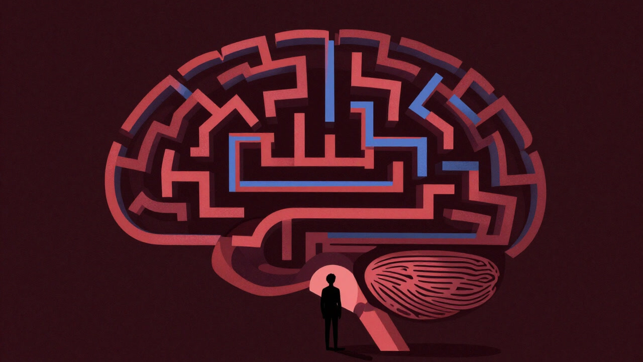 複雑に絡み合う赤と青の道が脳の形を成し、自分で選択していると錯覚する人間のシルエットを浮かび上がらせる画像