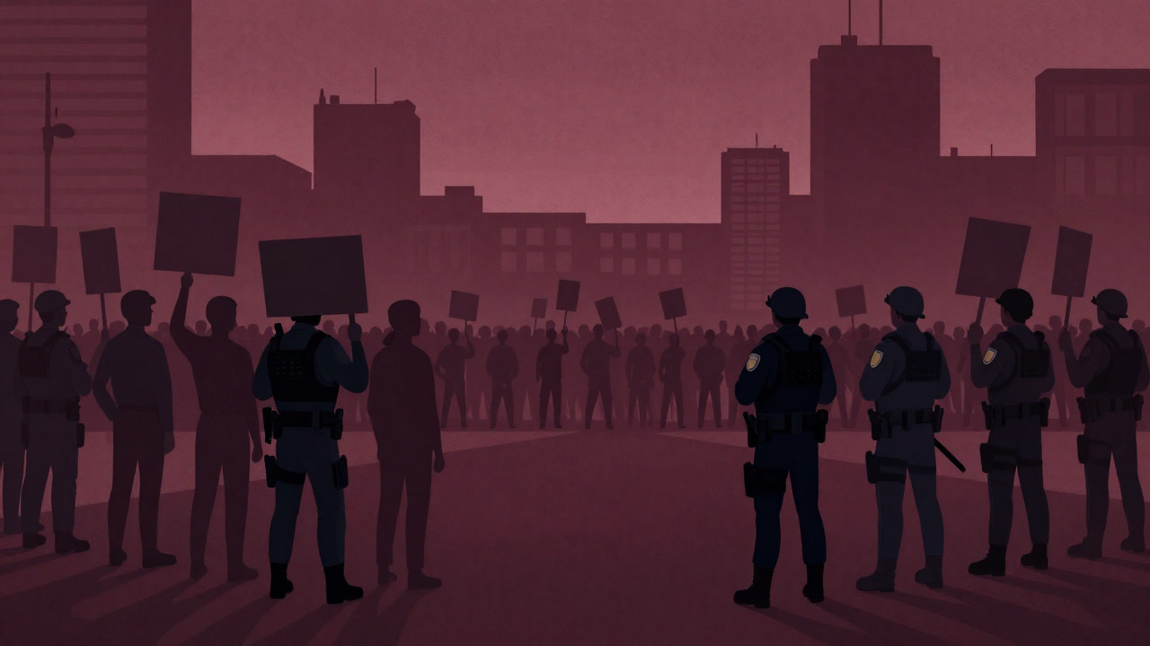 公園の広場に立つプラカードを掲げた無数の影が、警官隊のヘルメットと交錯するシルエット