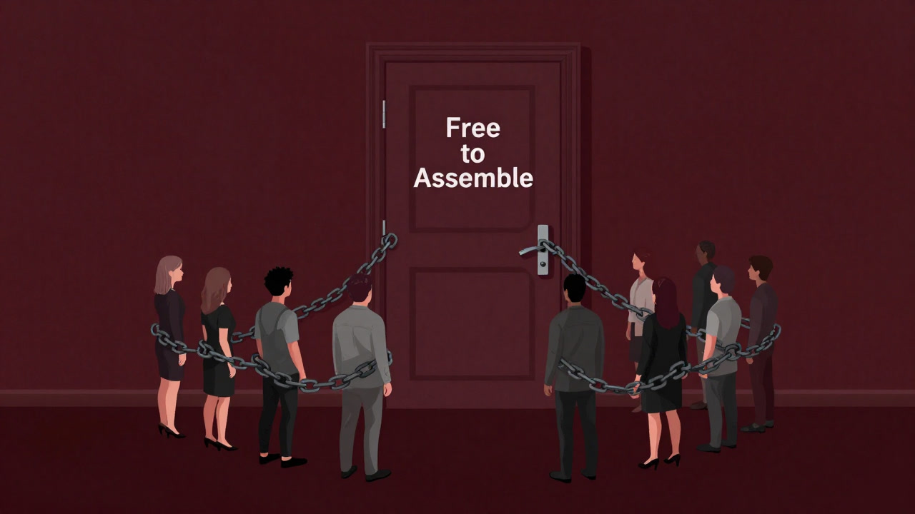 Illustration of a group fenced in by giant chains, standing helplessly before a locked door