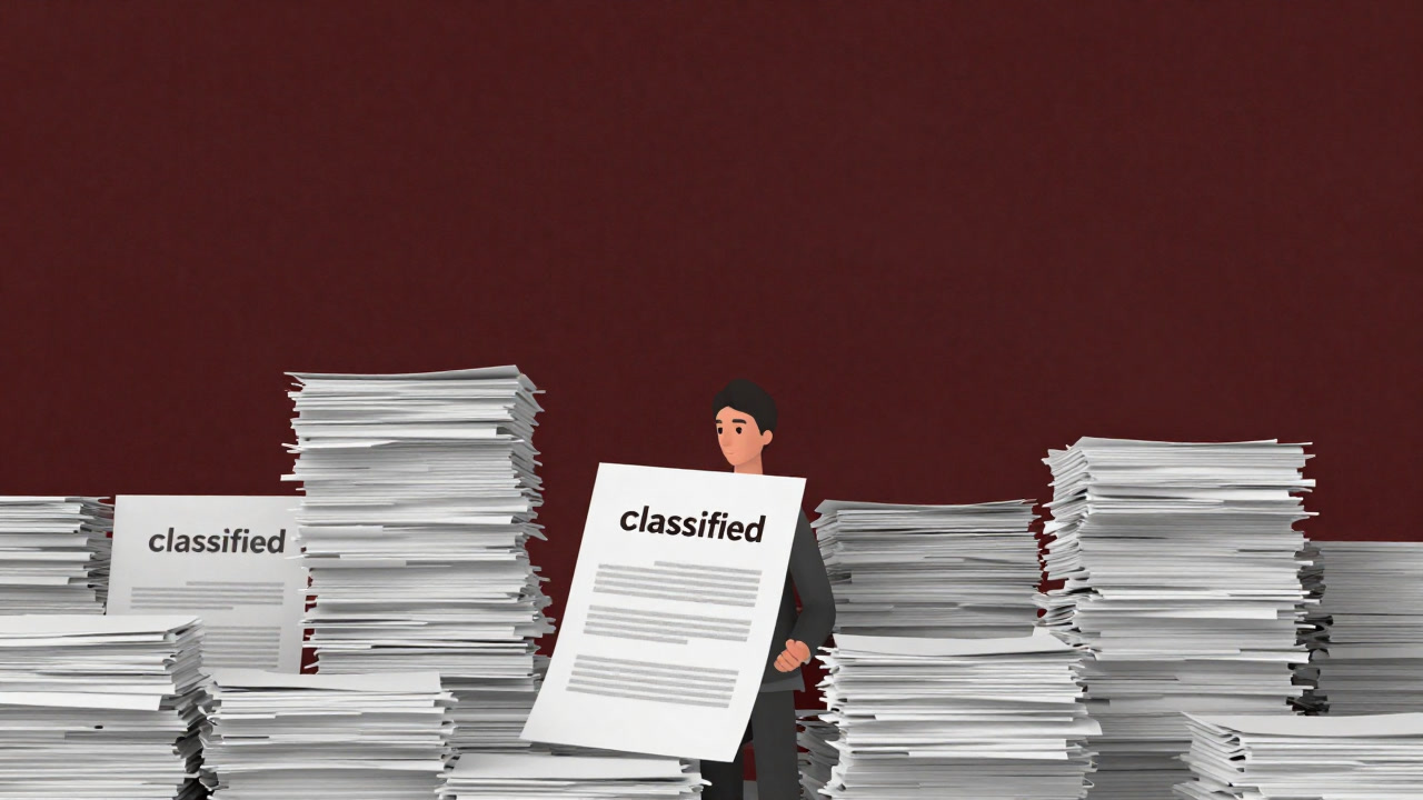 Illustration of a tiny citizen character peeking out from a mountain of documents.
