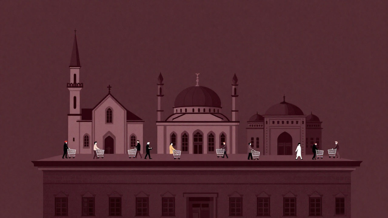 Illustration of a church, mosque, and temple sharing a single roof in a satirical tone