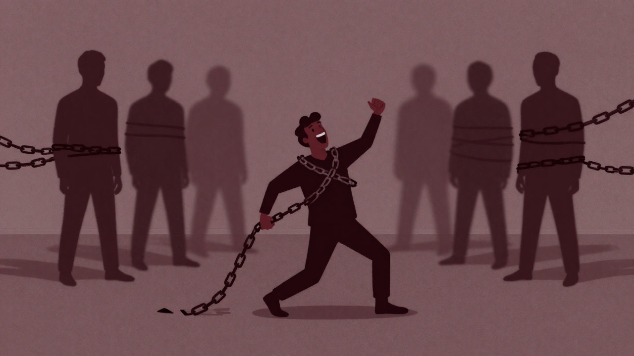 A person joyfully shaking off chains while in the background another is bound by them