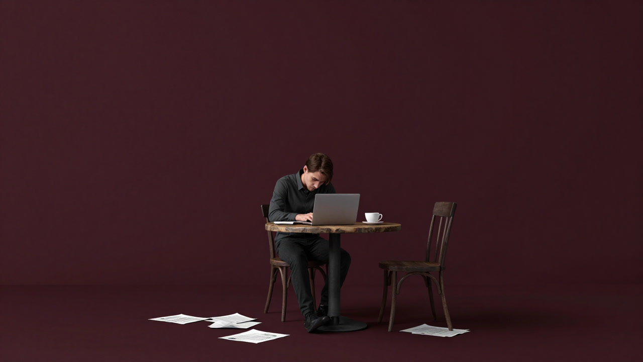 Silhouette of a freelancer at a café table surrounded by documents and receipts in front of a laptop
