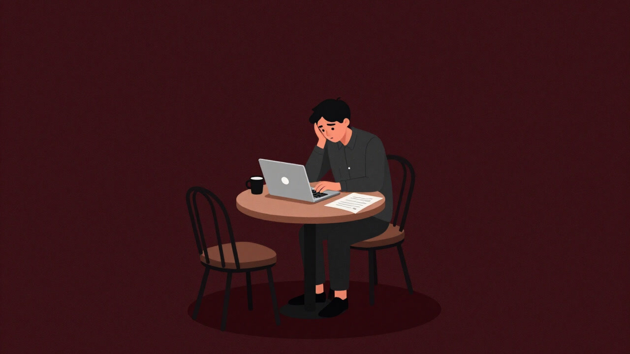 Illustration of a freelancer at a café, holding a laptop with an exhausted expression.