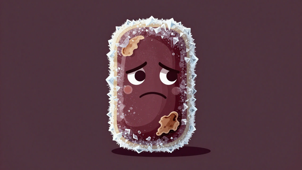 Illustration of freezer-burned food with a sad expression, dried and frozen