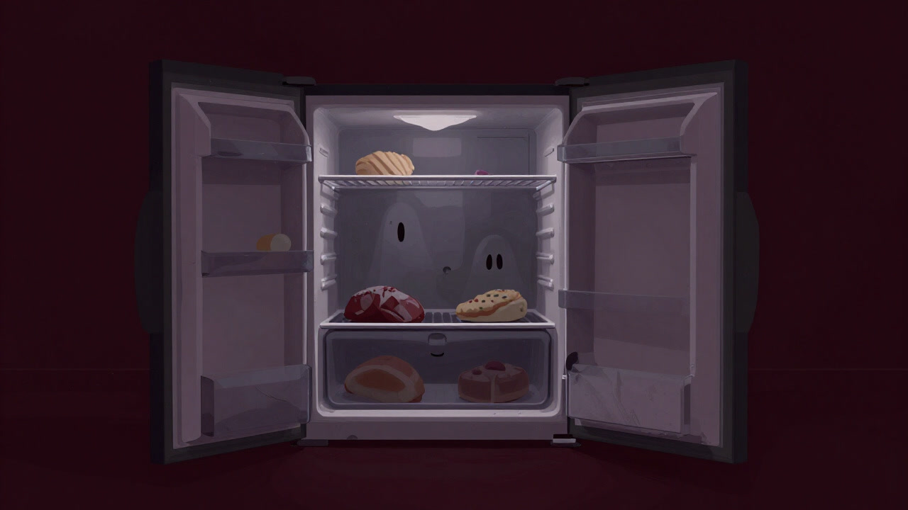 Illustration of a cold box that reveals a void of unknown shadows and forgotten food ghosts every time it’s opened.