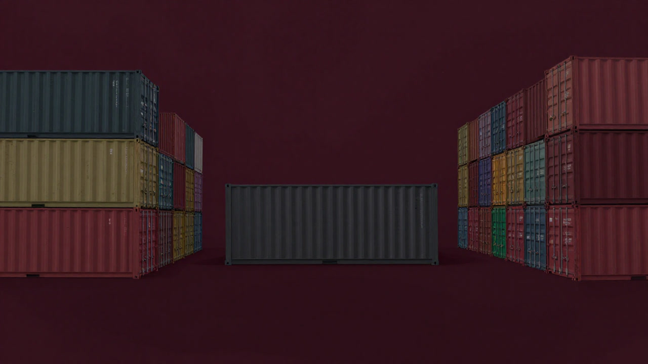 Illustration of freight standing silently amid towering stacked containers with unknown destiny.