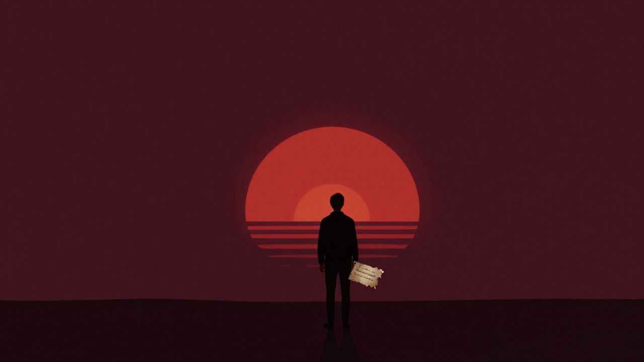 日の出の光に染まる廃れた招待状片手に佇む人物