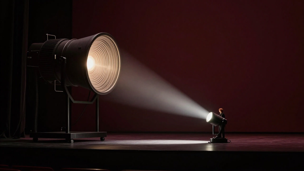 Image of a Fresnel light on stage, emitting heat while illuminating an actor