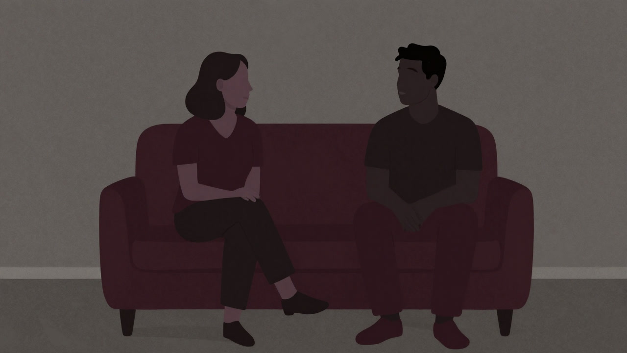 Silhouette of two people on a sofa consulting each other