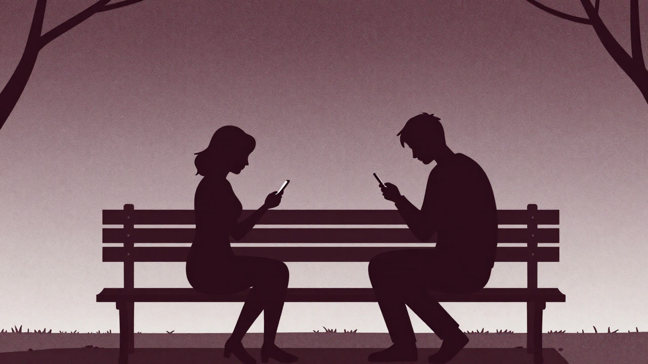 Silhouette of two friends sitting on a park bench peering at each other's smartphone screens