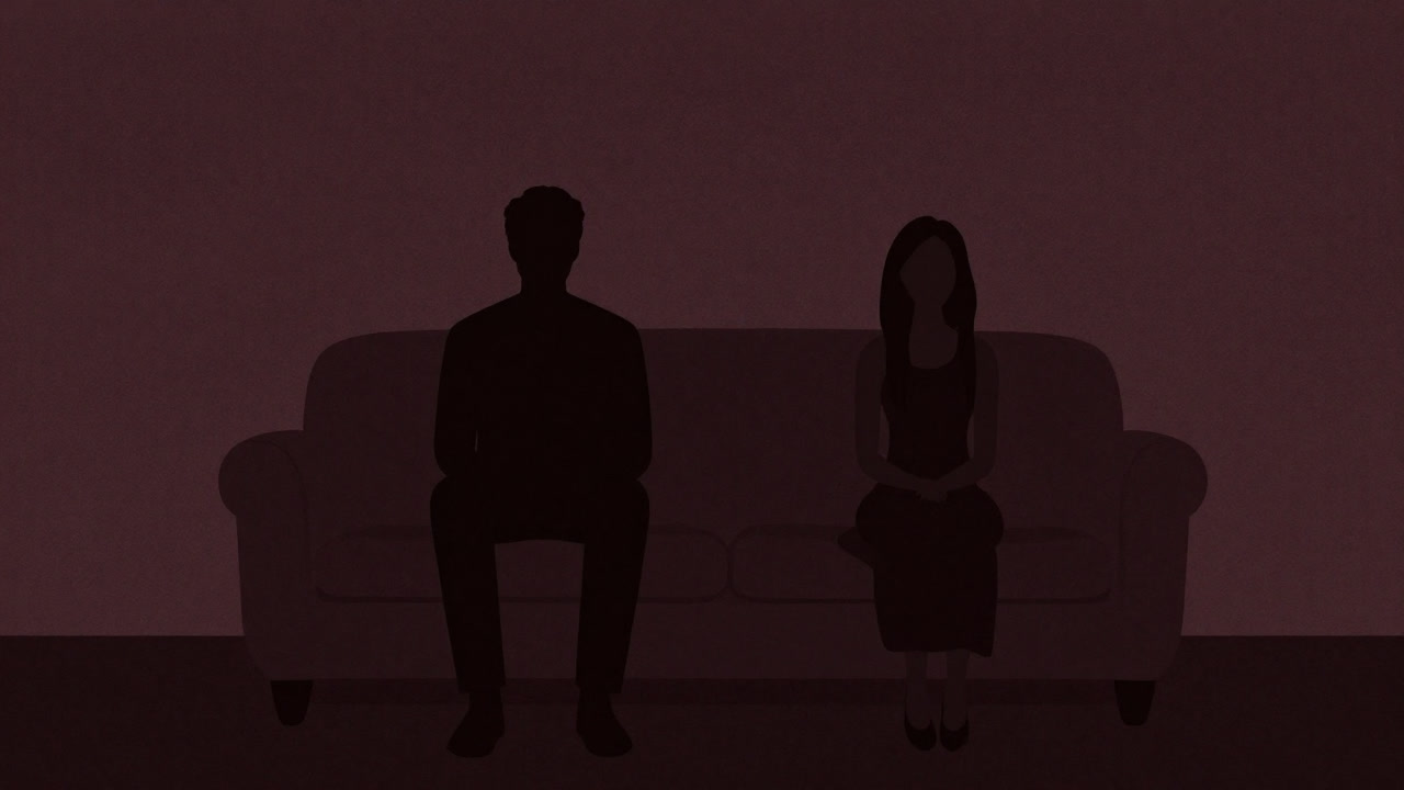 A monochrome illustration of silhouettes of a man and a woman sitting side by side on a couch in a dim room, sharing an ambiguous distance.