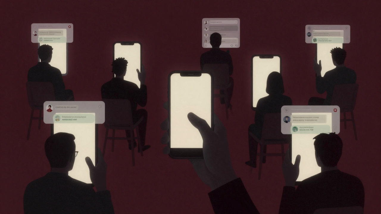 Visual of an endless chat room where people face the silent read receipts on their smartphone screens