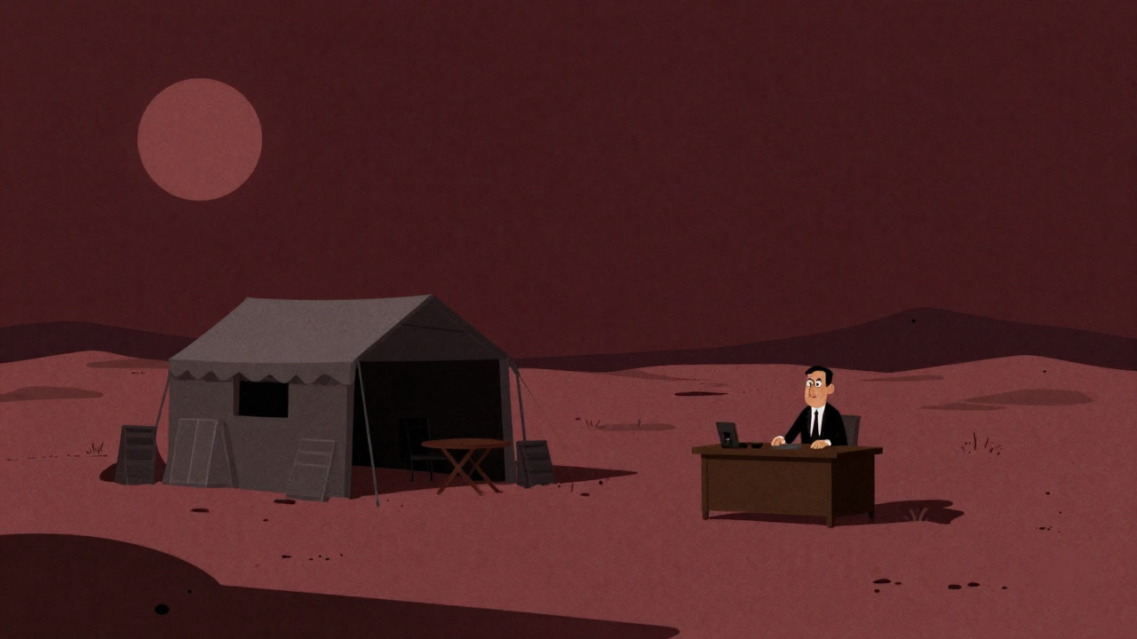 Silhouette of an investor at an old desk in a desert trading post