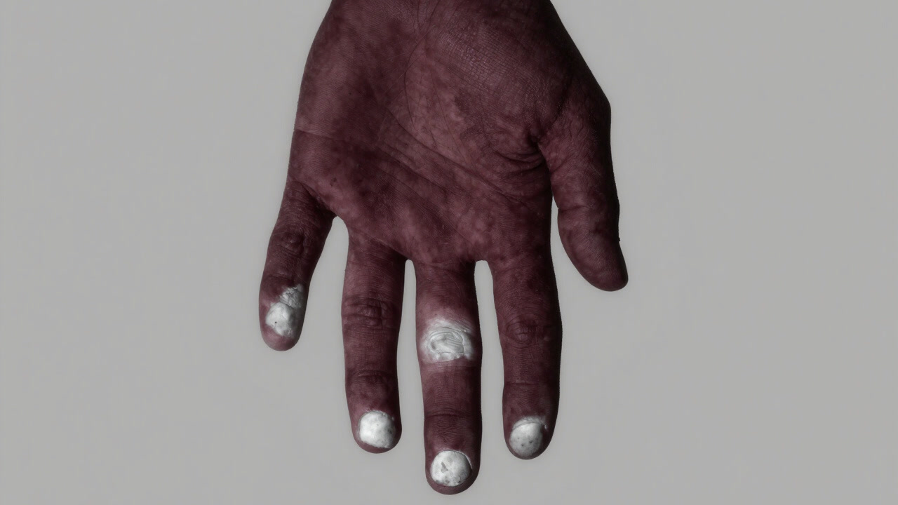 Close-up of a hand with fingertips discolored white from frostbite, looking anxious.