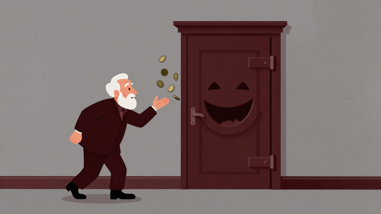 虚空で硬貨を数える老紳士の手と、微笑む金庫の扉のイラスト