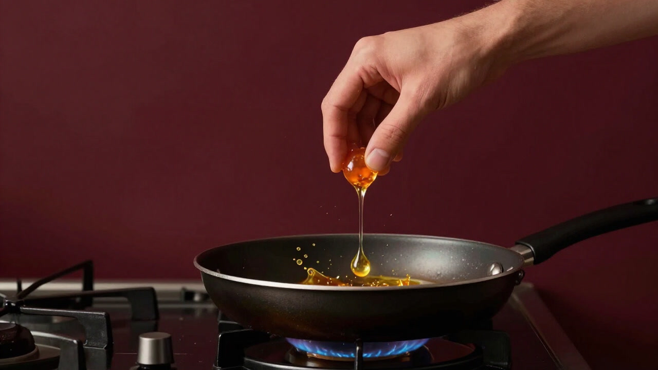 Close-up of a hand about to drop ingredients into a sizzling frying pan