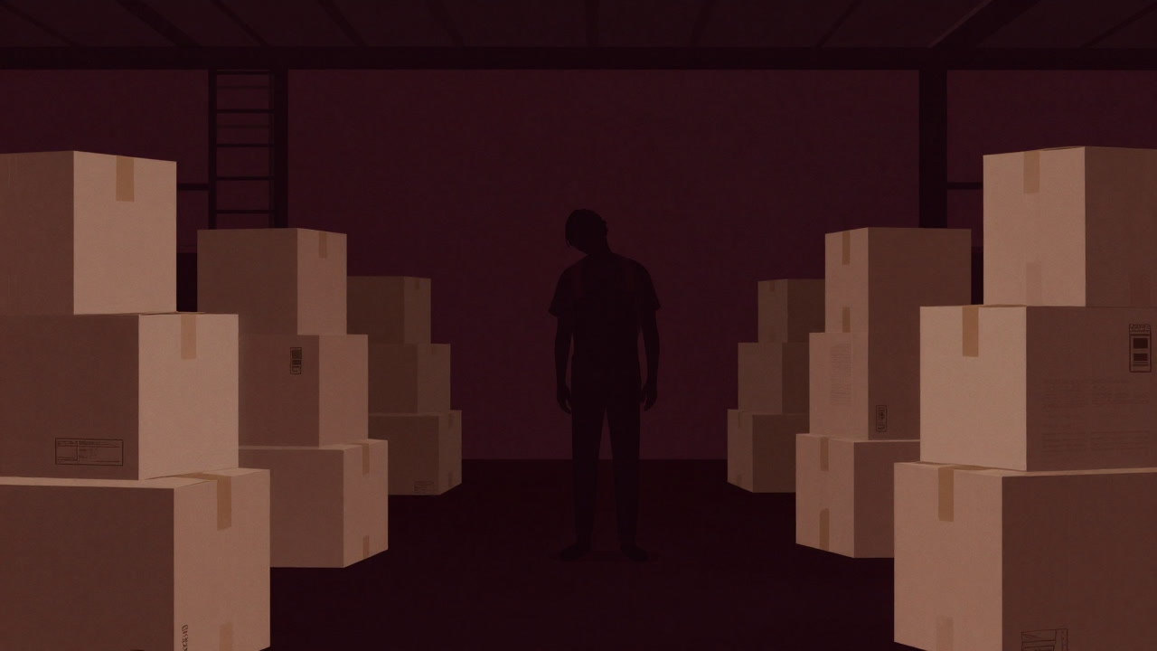 Silhouette of a weary warehouse worker surrounded by cardboard boxes