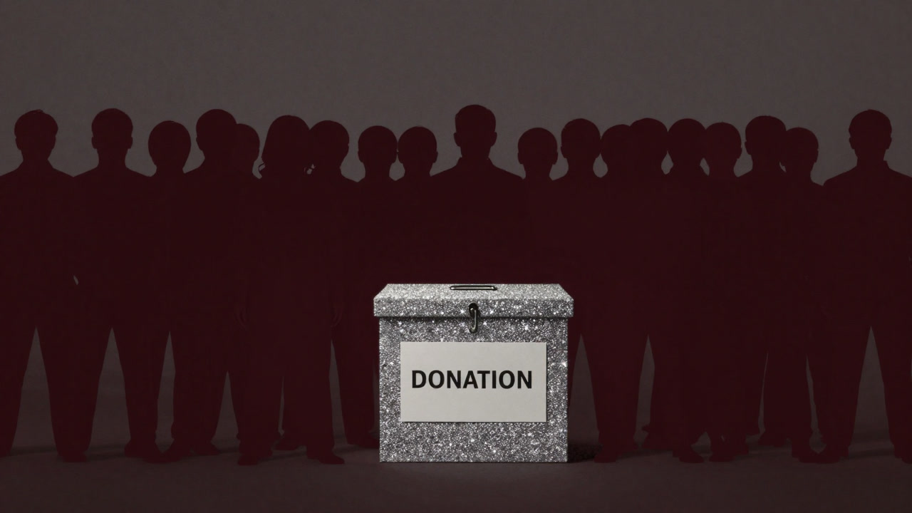 煌びやかな募金箱に群がる人々の影が映る写真的イラスト