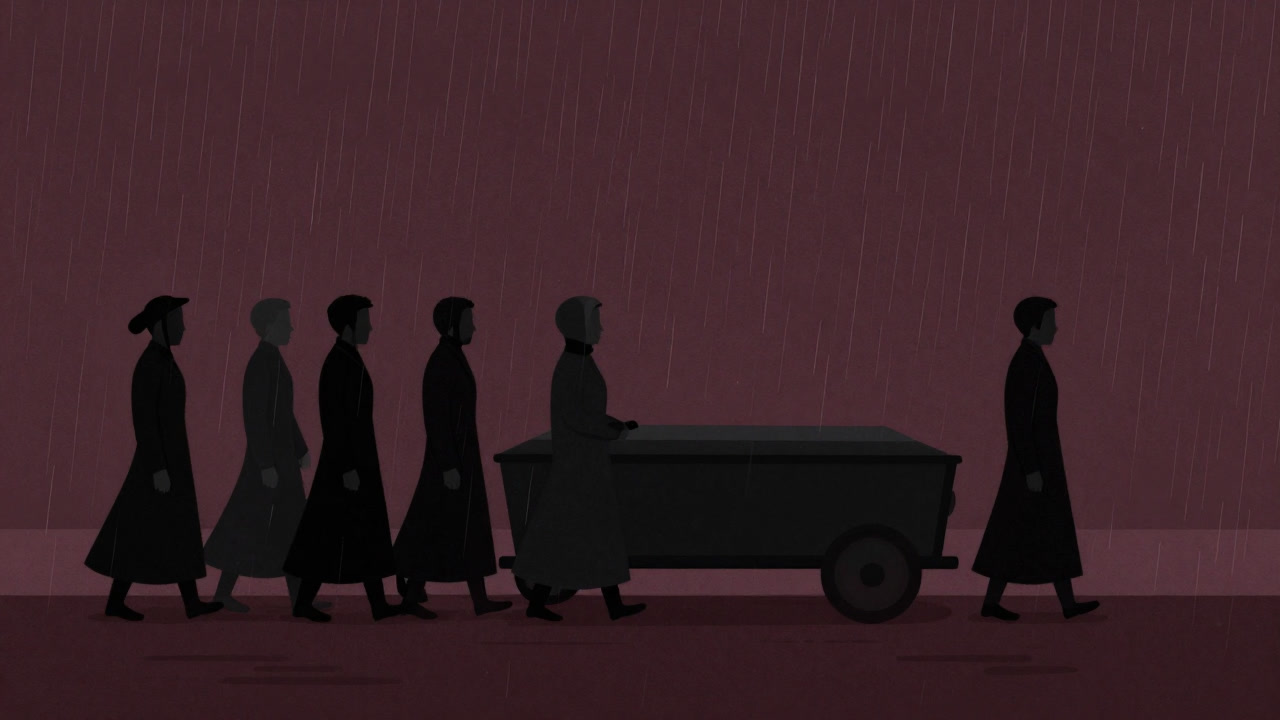 雨の中、黒い服に身を包み無言で進む葬列のシルエット