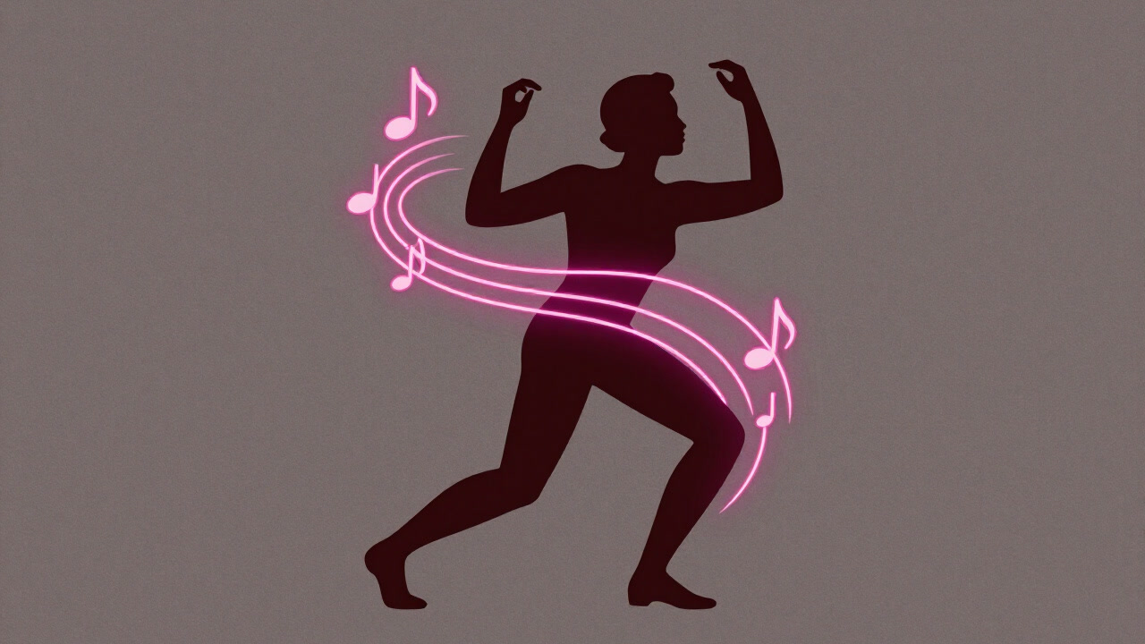 Illustration of a silhouette dancing among swirling neon musical notes