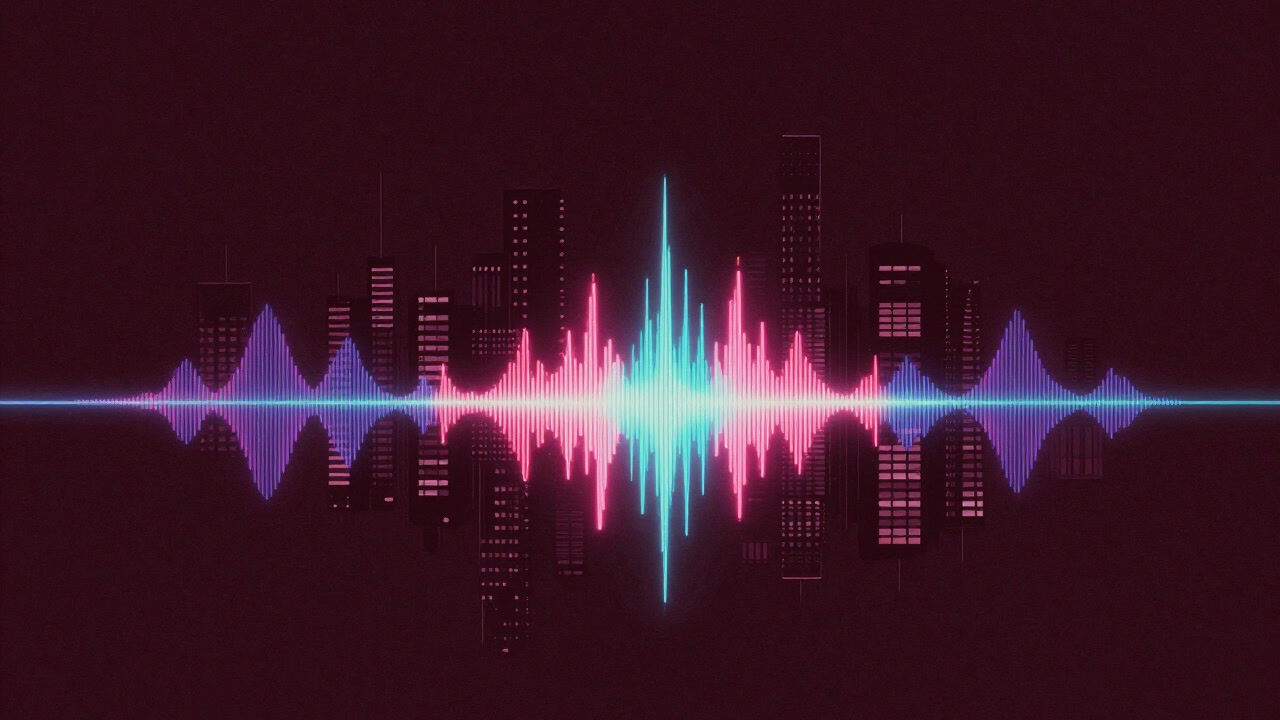 ネオンに彩られた未来都市の背景で重低音の波がうねるイラスト