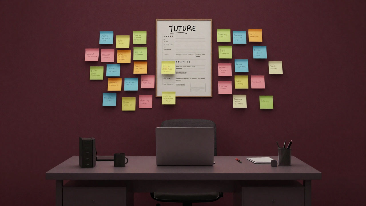 A desk completely covered by colorful post-it notes of future plans plastered all over the wall behind it