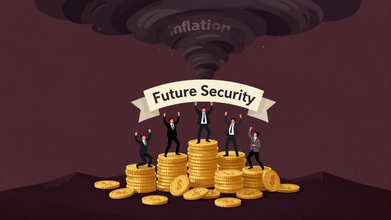 Illustration of businessmen celebrating on a pile of coins under a banner reading 'Future Security', while a tornado labeled 'Inflation' approaches in the distance.