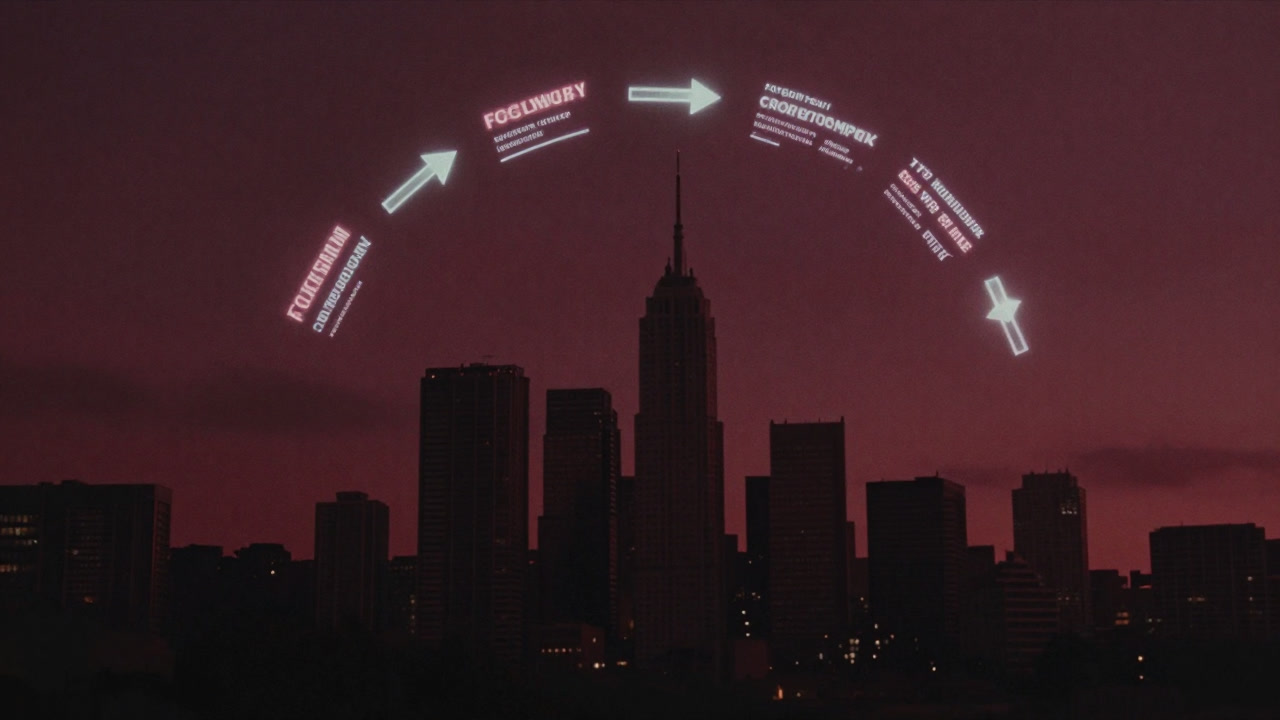 An image of a futuristic cityscape with corporate slogans floating in a holographic arc