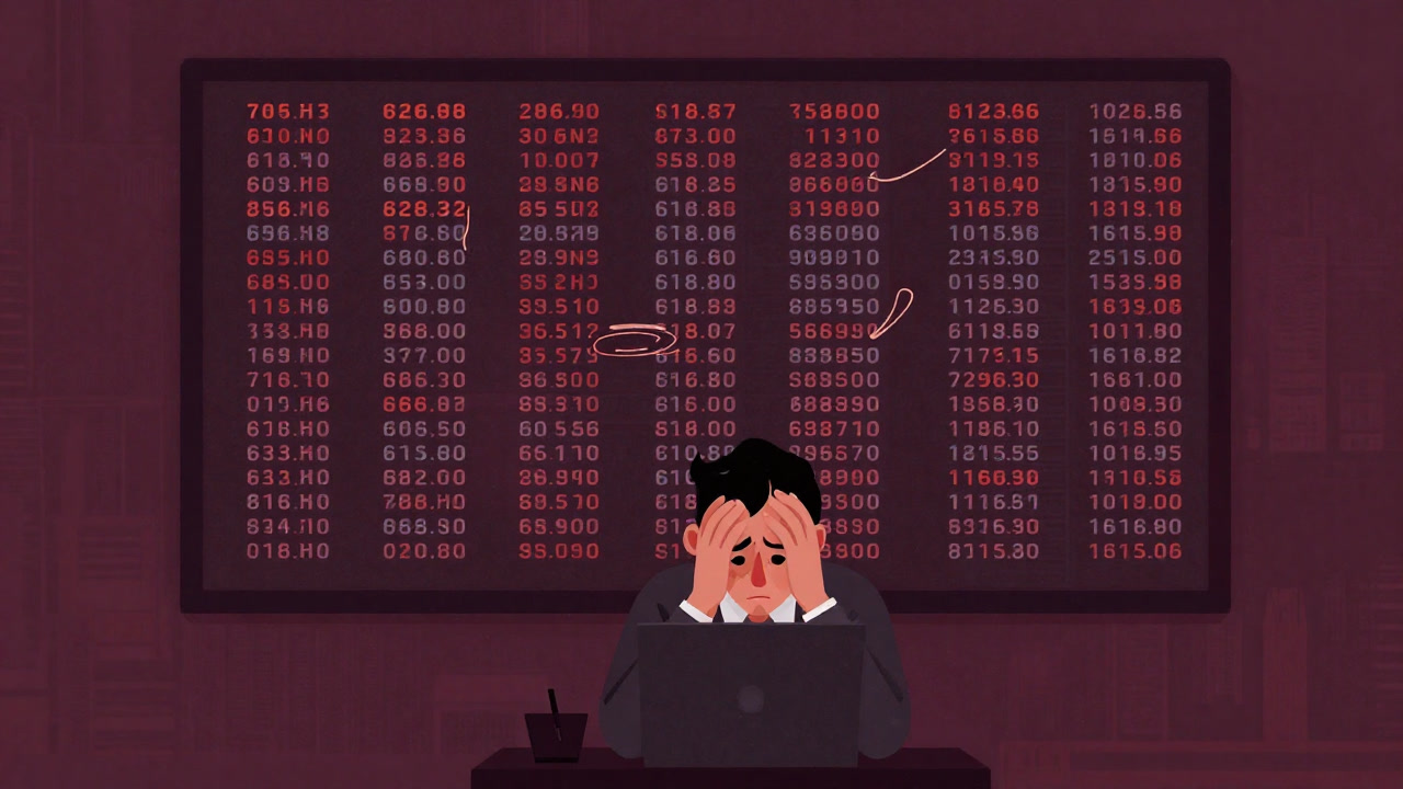 Illustration of a trader being swallowed by a swirl of numbers in front of an exchange screen