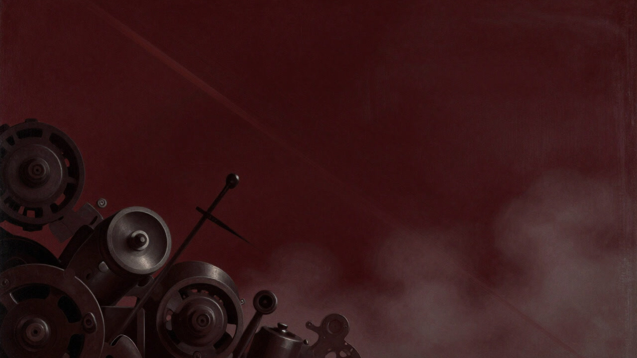 歪んだ機械部品と斜めの線が飛び交う、煙と金属粉に覆われた未来的都市のコラージュ