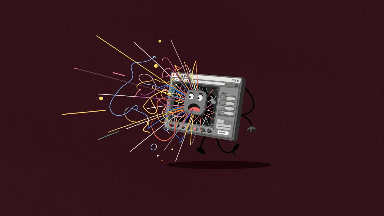 Illustration of a trembling software module under a storm of countless strings of data