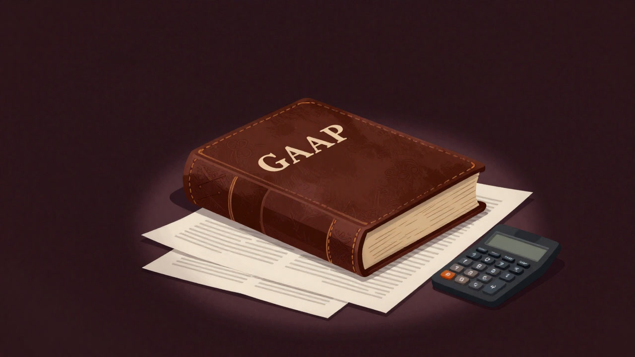 Image of an old rulebook of accounting standards resting atop a mountain of documents and calculators, emanating a majestic aura.