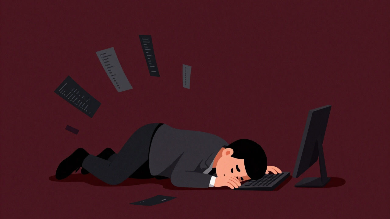 A programmer collapsing on the keyboard as code fragments scatter messily.