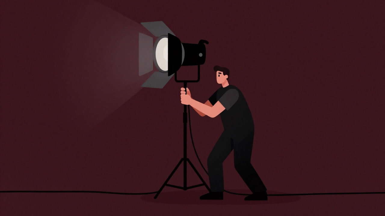 On a dim movie set, the gaffer grips a massive light with a determined expression as they adjust the illumination