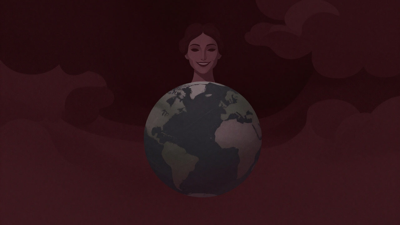 Illustration of the Earth as a goddess with a cruel smile emerging from the clouds