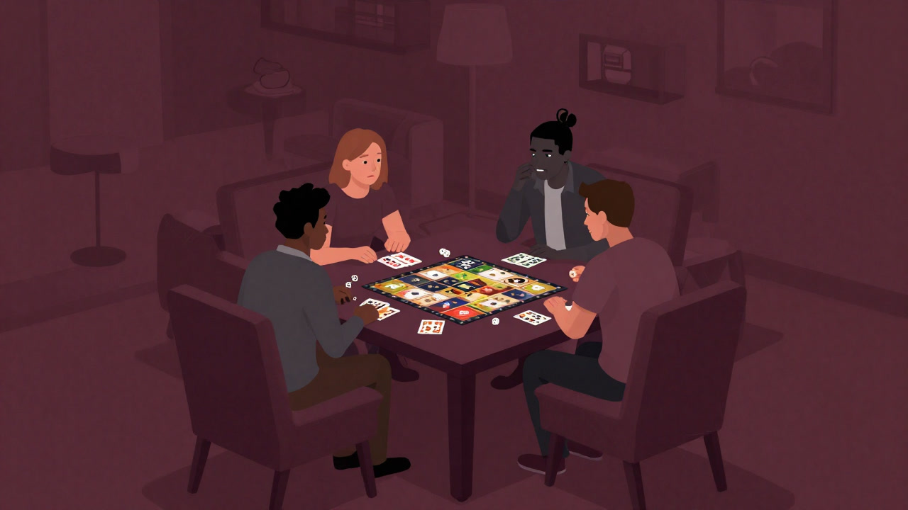 リビングルームのテーブルを囲み、笑顔と険悪な視線が入り混じったゲームナイトの光景。