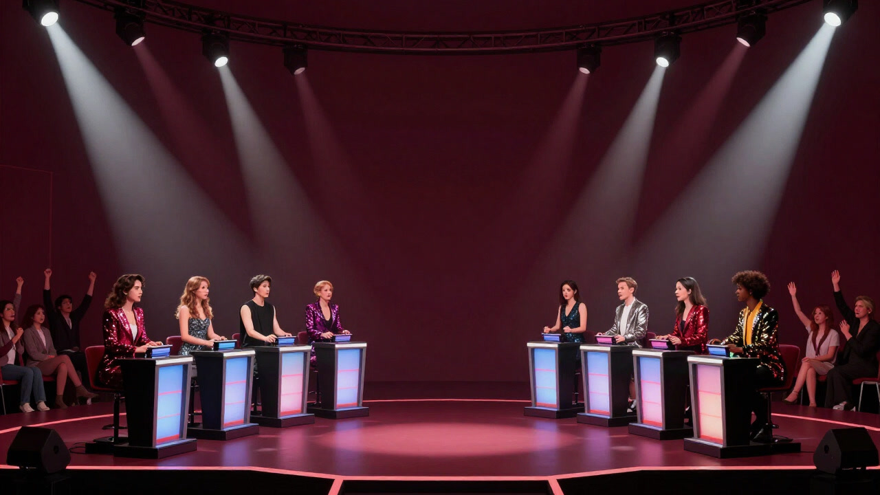 Image of contestants lined up on a flashy stage under spotlights, sweat on their brows from tension