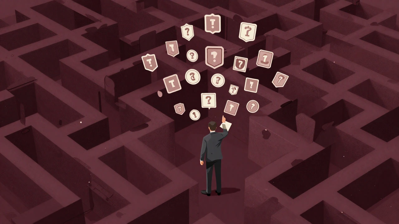 Illustration of a business person trapped in a giant maze made of badges and points