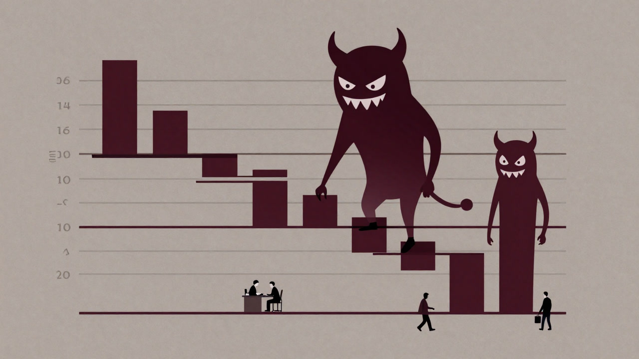 棒グラフが牙を剥き、オフィスの小人たちを監視する不気味なガントチャートのイラスト