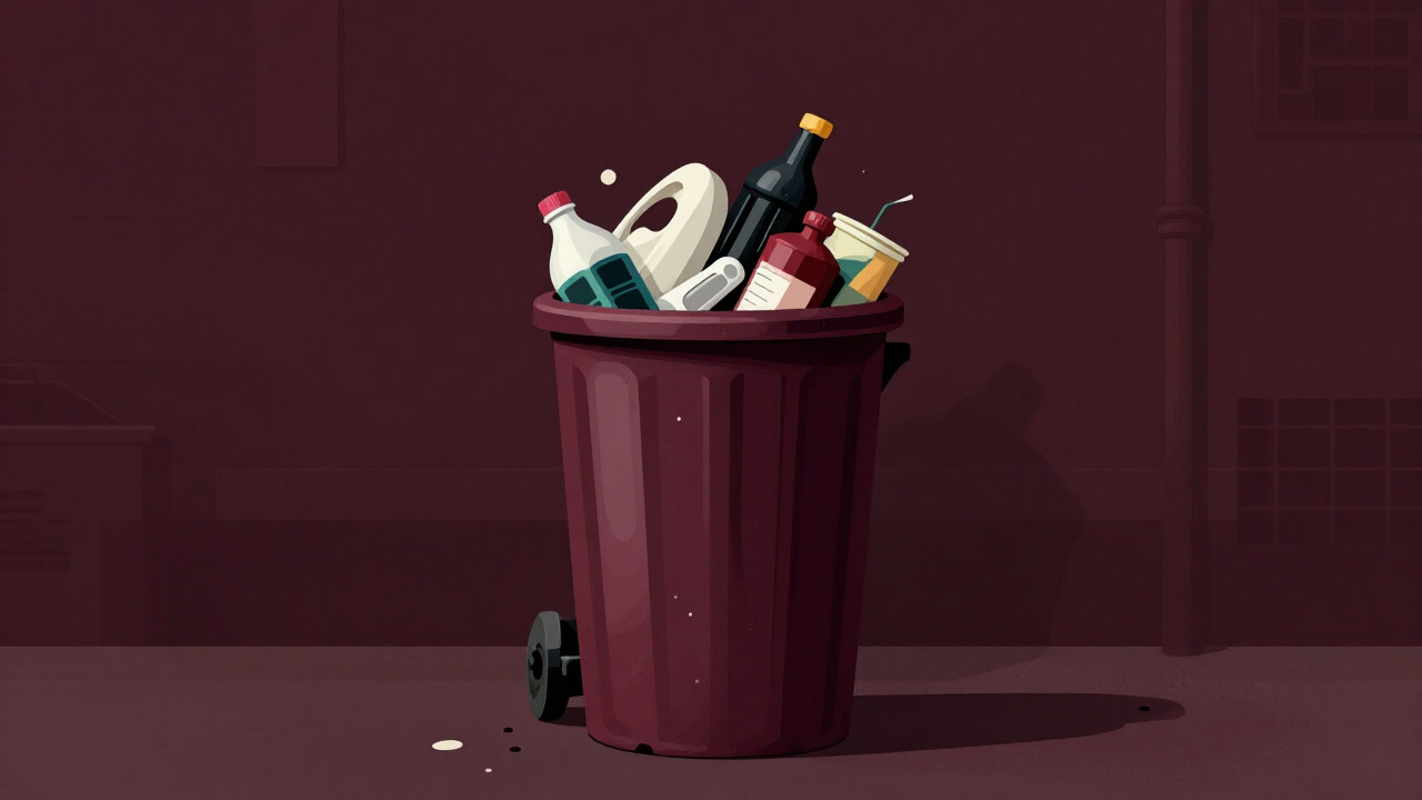 Image of a plastic garbage can overflowing with waste piled haphazardly