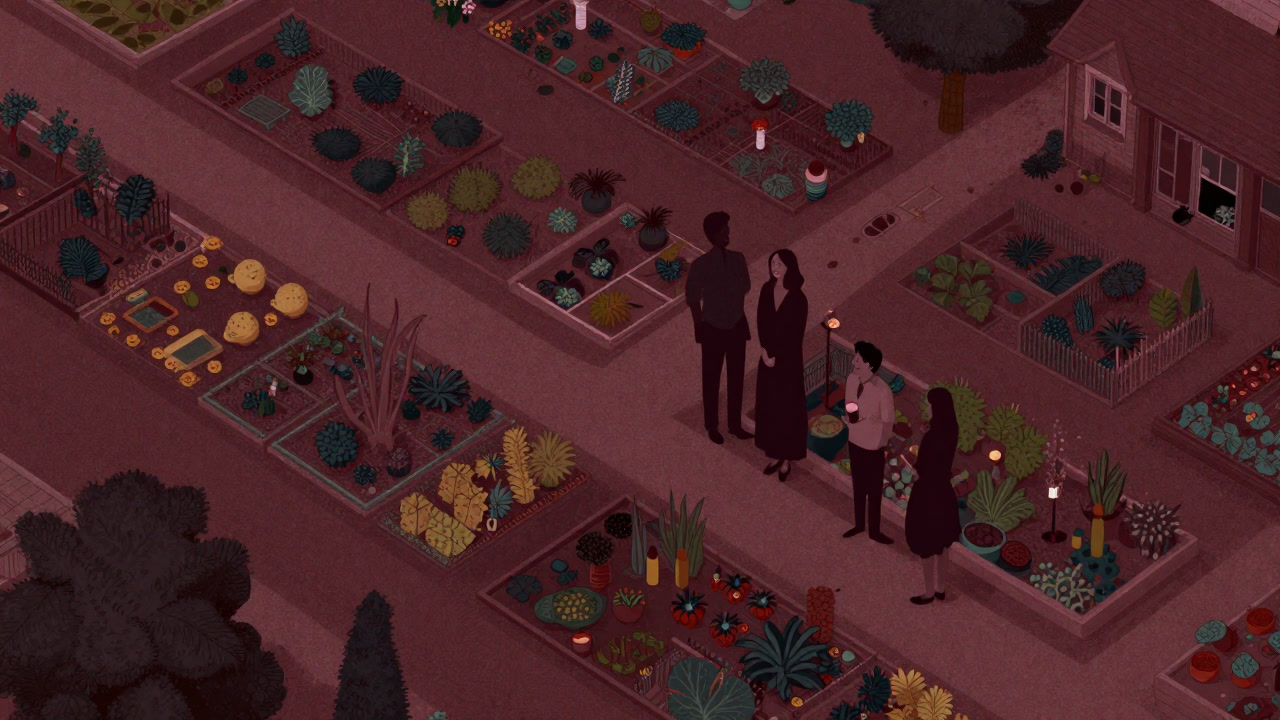 隣家との境界に鮮やかな花壇を並べ、微笑み合う住人たちの影が映る庭の俯瞰図